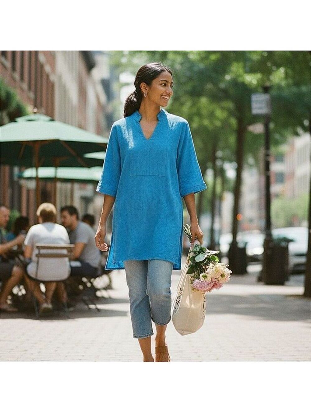 Manta del Lago Bohemian Blue Cotton Gauze Long Tunic Top Small Resort Ready